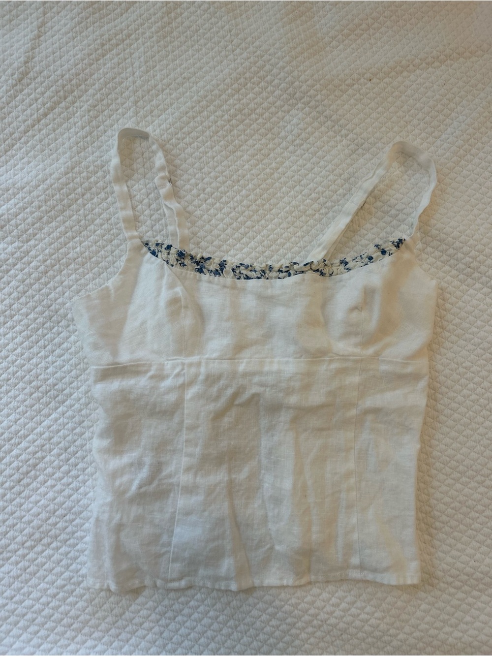 Reformation White Linen Tank with Blue Floral Trim